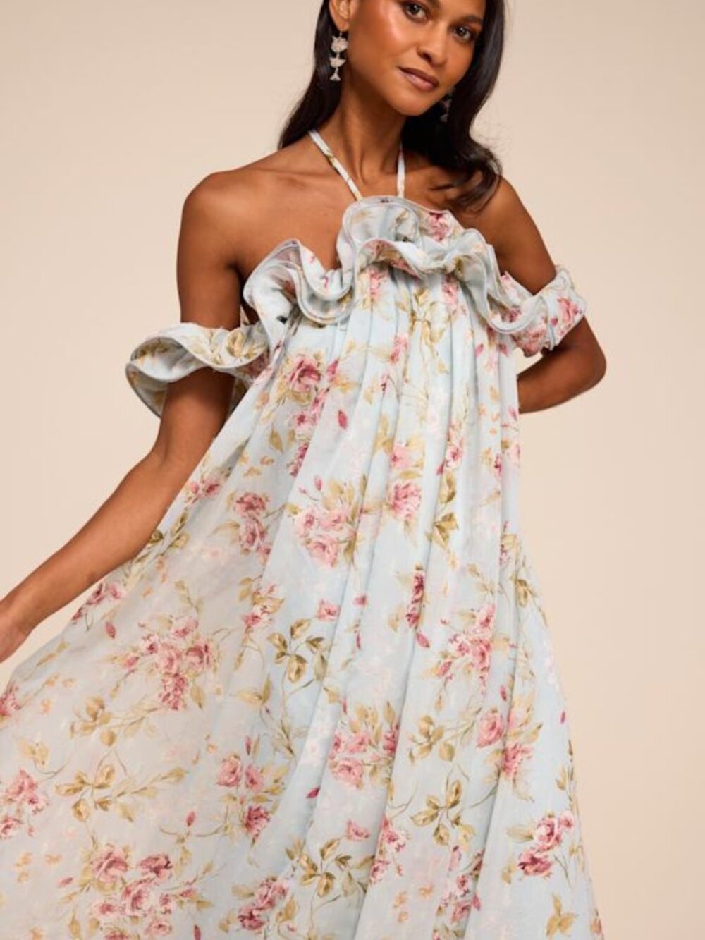 Lulus Amia Light Blue Floral Ruffled Shift Maxi Dress - Size XL